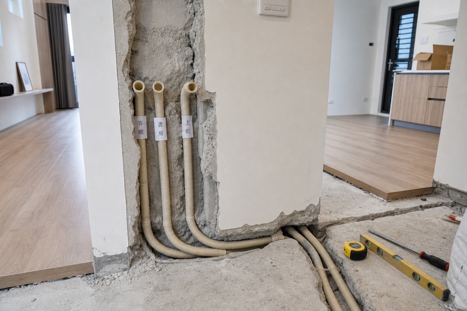 預埋空管走線示意：牆內 PVC 軟管預留出口