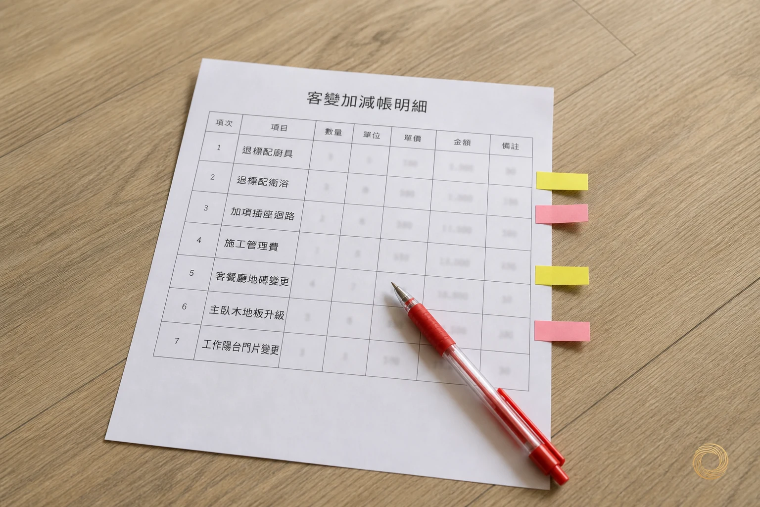 加減帳明細近拍，各行以螢光標籤與紅筆標注須核對的項目