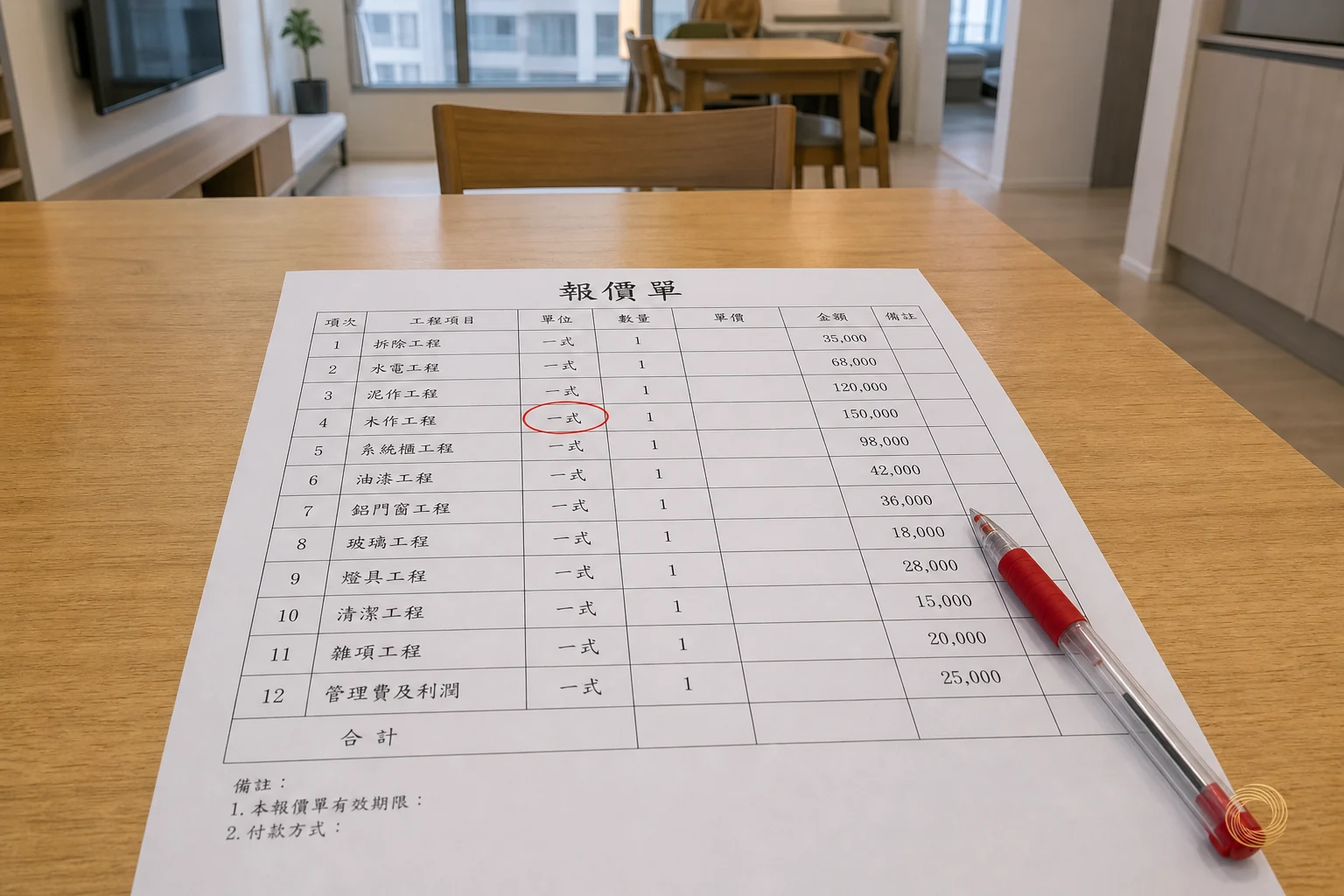 裝潢估價單上多個項目寫著「一式」整批計價，其中一行以紅筆圈起