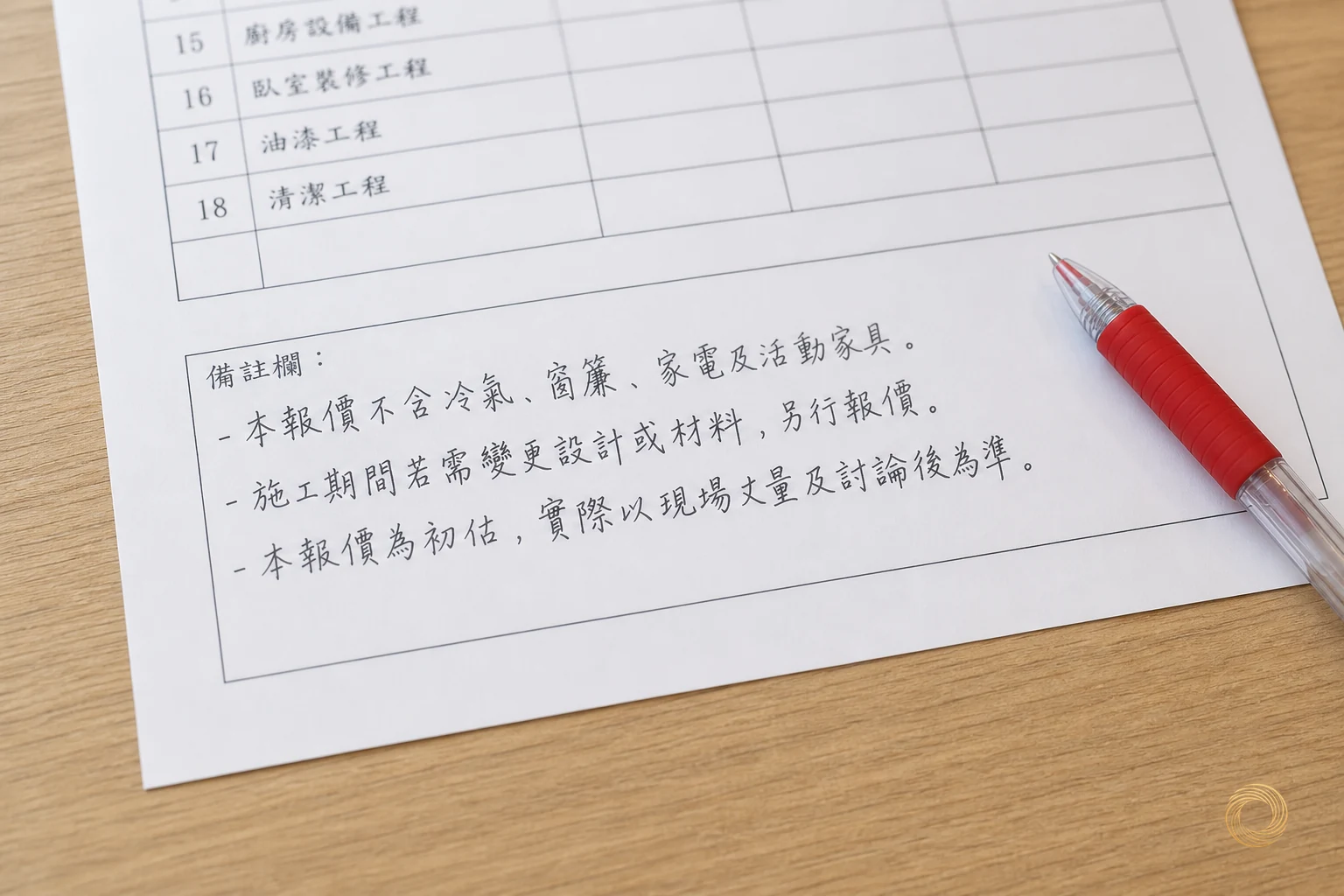 估價單備註欄手寫補上追加須事前確認的字樣特寫