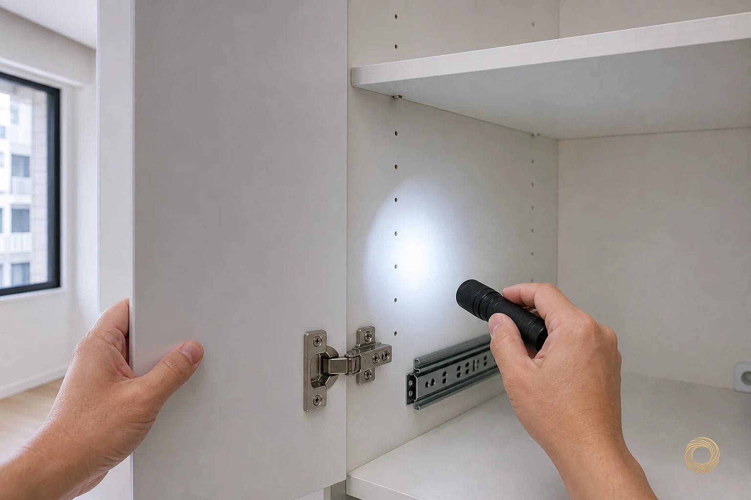 保固到期前的全屋巡檢，手持手電筒照進系統櫃內部檢查層板與五金